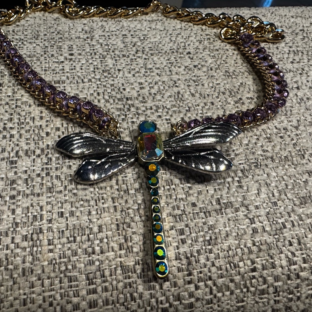 Betsey Johnson Gold Tone Necklace with Purple Rhinestones and Dragonfly Pendant